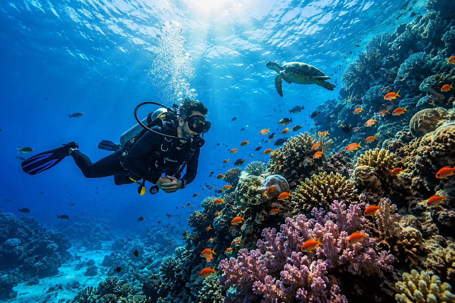 Coral wall · diver, sun rays