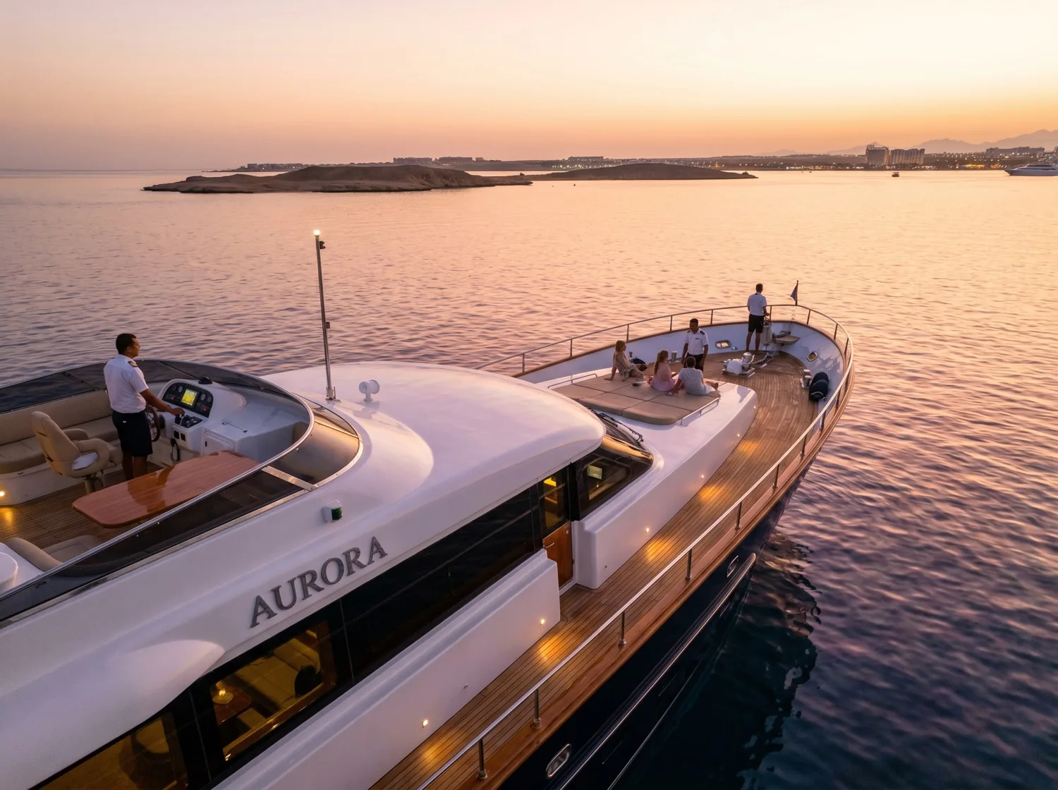 Crewed yacht · marina, golden hour