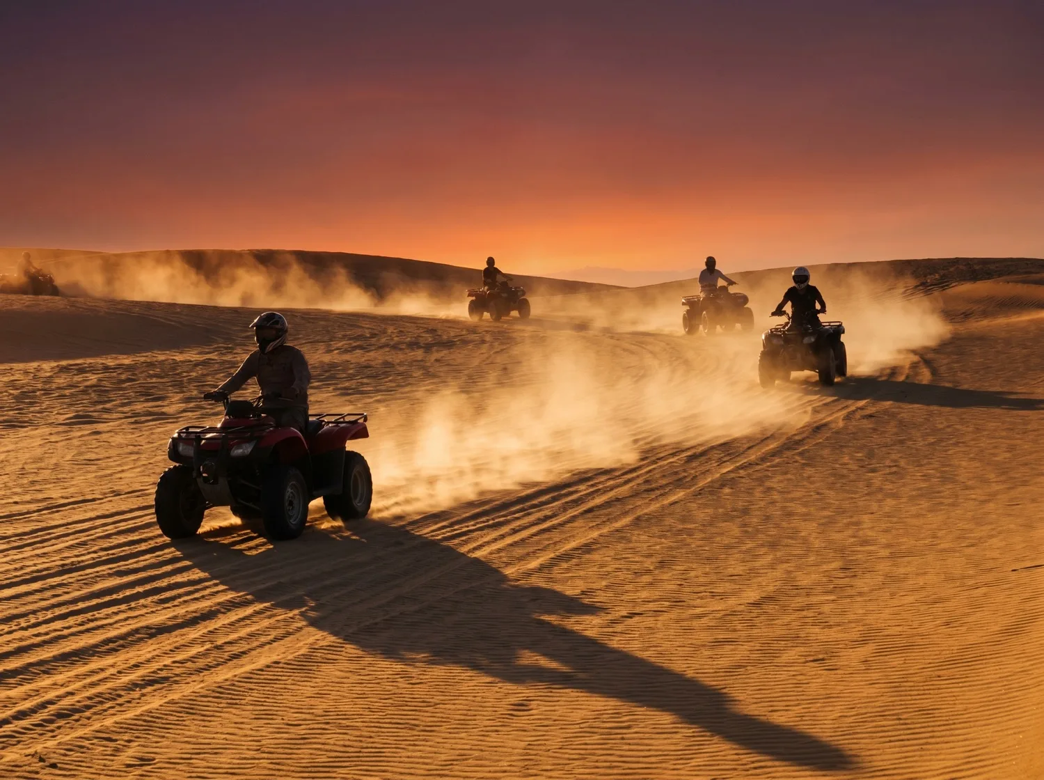Quad trails · dunes at dusk