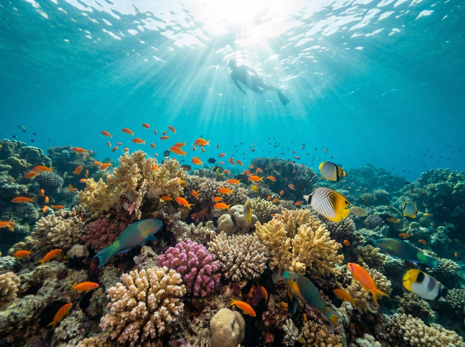 Coral wall · diver, sun rays